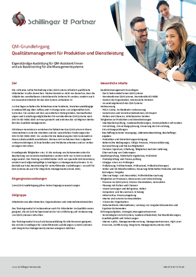 Fact Sheet QM-Grundlehrgang "Qualitätsmanagement für Produktion und Dienstleistung" Schillinger & Partner