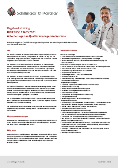 Regelwerkstraining Normentraining DIN EN ISO 13485:2021 Schillinger & Partner GmbH