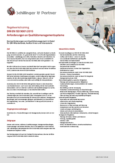 Regelwerkstraining Normentraining DIN EN ISO 9001:2015 Schillinger & Partner GmbH