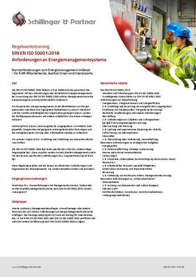 Regelwerkstraining Normentraining DIN EN ISO 50001:2018 Energiemanagement EnMS Schillinger & Partner GmbH